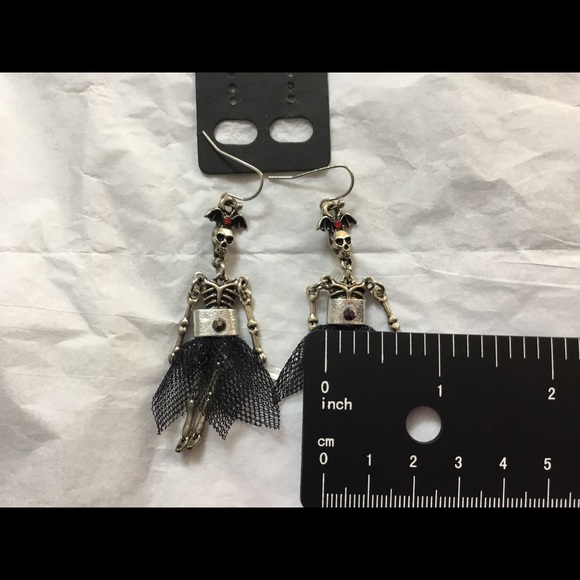 Bat and Skeleton Wearing Dress Dangle Earrings - Picture 8 of 8